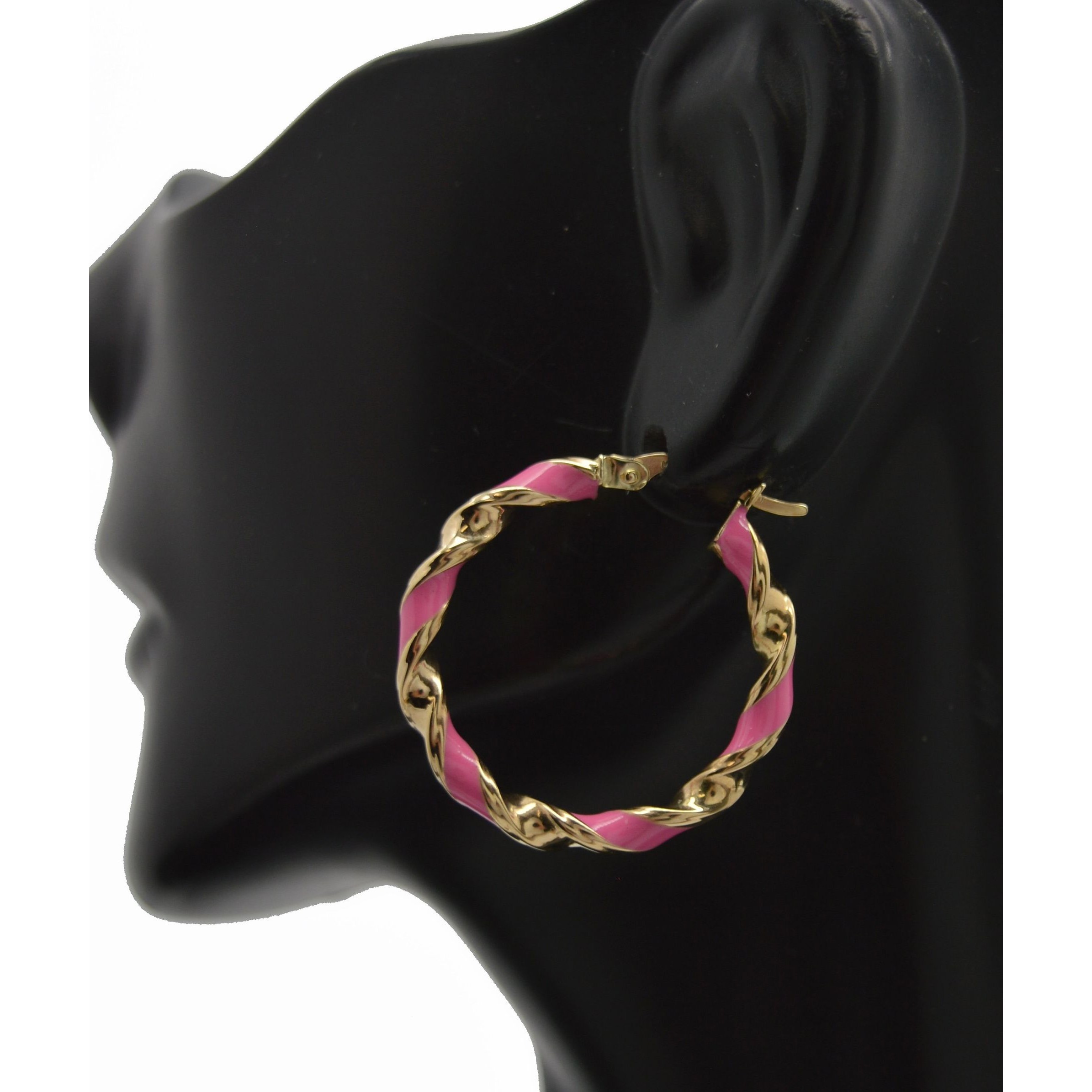 Real 14k Yellow Gold 25.8mmx3mm Pink Enamel Round Twist Hoop Earrings 2.2grams